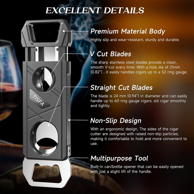 TISFA Cigar Cutter Guillotine Cigar V Cutter Bottle Opener 3 in 1, Portable Cigar Clipper Scissors, Set of 2 Sharp Cigar Cutters, Multifunctional Cigar Accessories Gift Set for Men - Image 3
